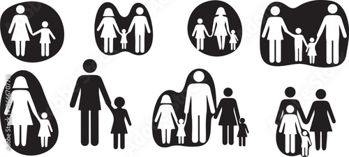Diverse family icons and silhouettes in black and white