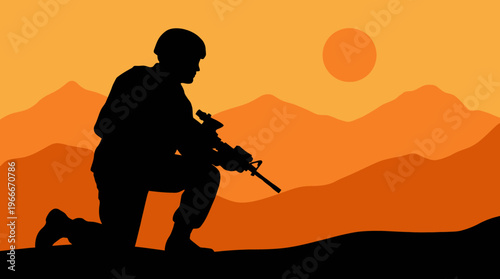 Silhouette of a soldier kneeling with a rifle against a vibrant orange desert sunset with mountains in the background.
