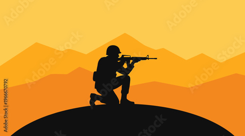 Silhouette of a soldier kneeling and aiming a rifle against a vibrant orange and yellow mountain landscape at sunset.