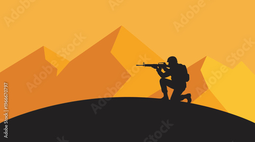 A silhouette of a soldier aiming a rifle in a kneeling position on a dark hill against a stylized orange and yellow desert mountain landscape.