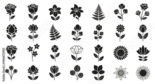 Collection of Black and White Floral Silhouettes Isolated on White Background.