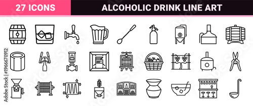Alcoholic Beverages and Bar Service Monoline Icon Set featuring Minimalist Geometric Line Art for Menu Design and Hospitality Apps.