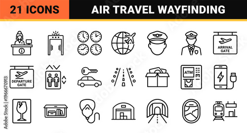 Minimalist Monoline Airport and Aviation Outline Icons for Travel Apps, Geometric Line Art Navigation Symbols for Digital Wayfinding.