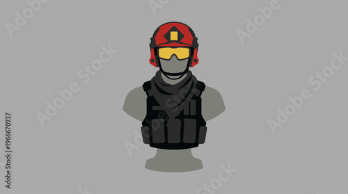 Vector illustration of a rescue worker or tactical professional with a red helmet and protective gear.