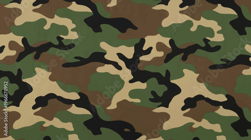 Classic woodland camouflage pattern featuring irregular shapes in shades of green, brown, tan, and black, designed for concealment in natural environments.