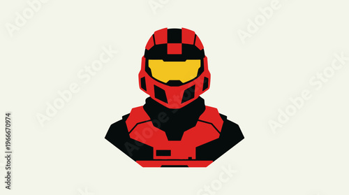 Minimalist vector illustration of a red futuristic armored helmet and upper body against a plain background.