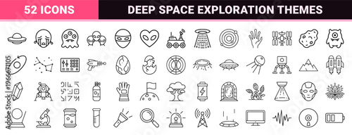 Minimalist monoline geometric line art representing alien life and deep space exploration for professional digital interface design.