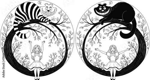Foto Alice, in, wonderland, coloring, page, with, cheshire, cat, sitting, on, tree, branch, fantasy, line, art, illustration, for, kids, and, adults
