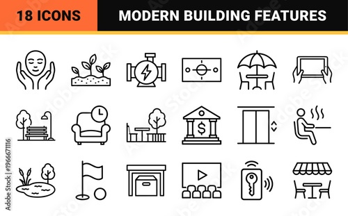 Real Estate and Hospitality Amenities Minimalist Monoline Geometric Line Art Set for Commercial Branding and Wayfinding Systems