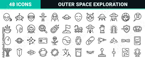 Extraterrestrial Life and Deep Space Exploration Minimalist Monoline Icons Featuring Alien Entities, Saucers, and Galactic Phenomena.