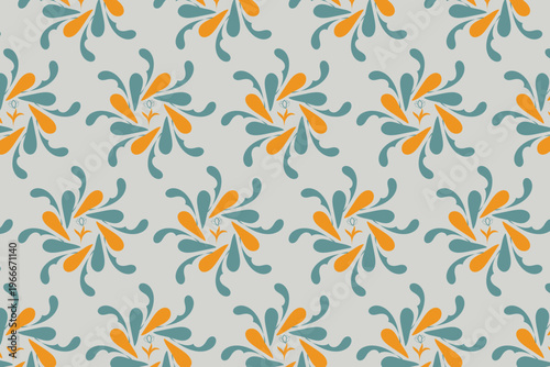 Teal and orange geometric pinwheel seamless pattern with vibrant swirling floral motifs in a repeating tileable layout