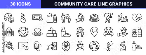 Altruism and Kindness Minimalist Monoline Icon Set for Charity, Community Support, and Philanthropy Projects with Geometric Line Art.