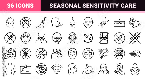 Allergy and Immunology Medical Line Art featuring Minimalist Monoline Symbols for Healthcare, Sensitivity Testing, and Patient Symptoms.