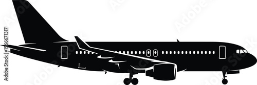 Black, airplane, silhouette, isolated, on, white, background, side, view, commercial, passenger, jet, aircraft, aviation, transport, flight, travel, aerospace, wing, landing.