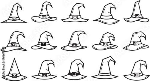 Collection of various witch hats in black and white