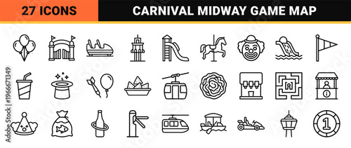 Amusement Park and Carnival Entertainment Monoline Outline Icons featuring Theme Park Attractions, Fairground Rides, and Midway Games Graphic Art.