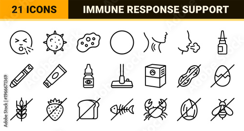 Allergy and Immunology Healthcare Line Art: Professional Monoline Symbols for Medical Sensitivity, Food Intolerance, and Respiratory Symptoms
