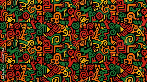 Vibrant seamless pattern with intricate tribal art motifs in red, green, and orange on a black background, featuring stylized animals and abstract shapes.