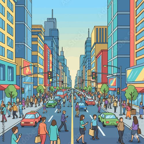 Vibrant illustration of a bustling city street with diverse pedestrians, cars, and modern skyscrapers, capturing the energetic rhythm and dynamic flow of urban life