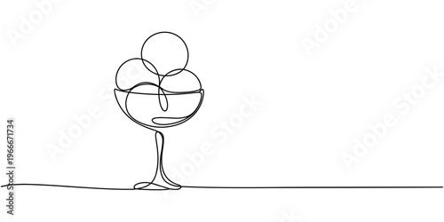 Cocktail glass with ice cream balls in continuous line art drawing style. Black line sketch on white background. Vector illustration, Continuous one line drawing of ice cream scoops on the glass bowl.