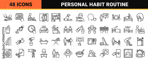 Daily Activity and Lifestyle Routine Icon Set Featuring Minimalist Monoline Geometric Line Art for Personal Wellness and Habit Tracking.