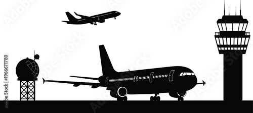Black, airport, silhouette, with, passenger, airplanes, taking, off, and, taxiing, near, control, tower, isolated, on, white, background, aviation, travel, vector.