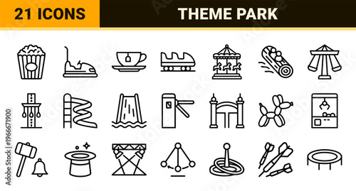 Minimalist Monoline Theme Park Icons Featuring Geometric Fairground Attractions and Carnival Entertainment Symbols in Clean Black Outline