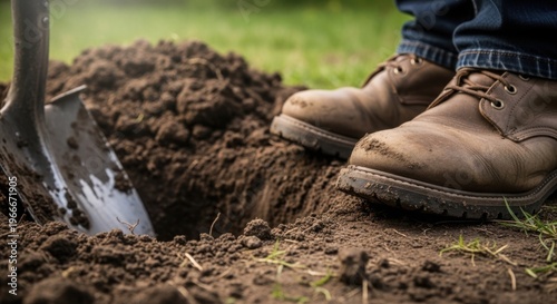 Digging soil with brown boots and shovel in garden, preparatory steps for planting, preparing ground for seeds and plants. Digging soil is essential for gardening projects and landscaping design.