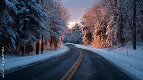 As the first light of dawn touched the horizon, the empty road snaked through a thick, snow-covered forest, its surface pristine and untouched