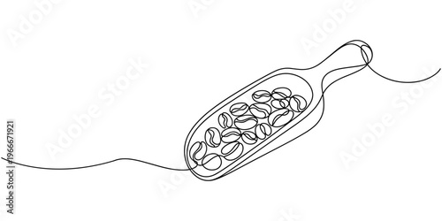 Coffee beans on wooden scoop one line continuous drawing. Hand drawn elements for cafe menu, coffee shop. Vector linear illustration.