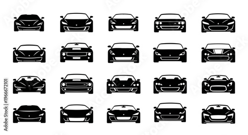 Collection of Black Car Silhouettes Facing Forward.