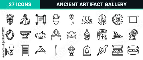 Historical Antiques and Museum Artifacts Minimalist Monoline Icon Set for Curatorial Research and Heritage Auction Cataloging Graphics
