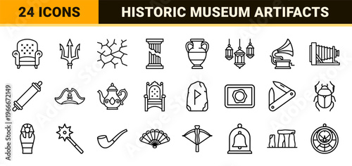 Historical Artifacts and Museum Antiquities Minimalist Monoline Icon Set featuring Primitive Geometric Outlines for Curatorial Design
