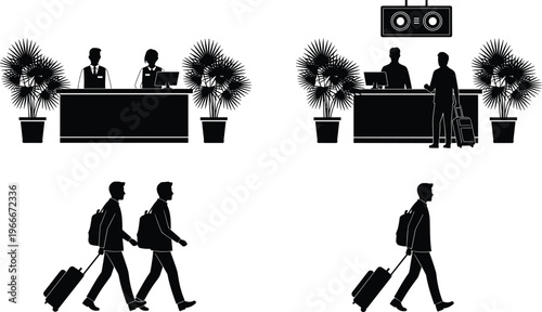 Black, silhouettes, of, hotel, reception, airport, check, in, counter, travelers, with, luggage, suitcases, staff, service, isolated, on, white, background, vector.
