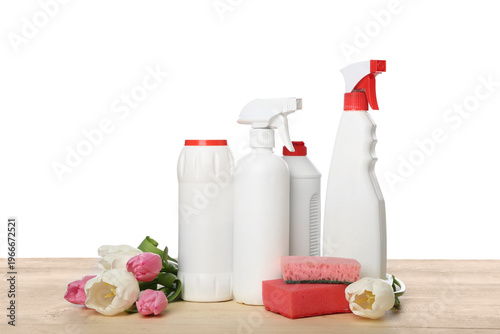 Bottles of detergents with ...