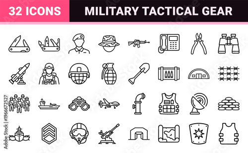 Military and Armed Forces Tactical Outline Symbols Featuring Minimalist Monoline Geometric Aesthetic for Defense and Infantry Logistics.
