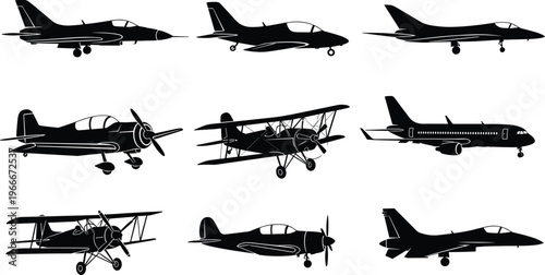 Collection, of, airplane, silhouettes, including, fighter, jets, biplanes, propeller, aircraft, and, passenger, planes, isolated, on, white, background, aviation, transport, vector.