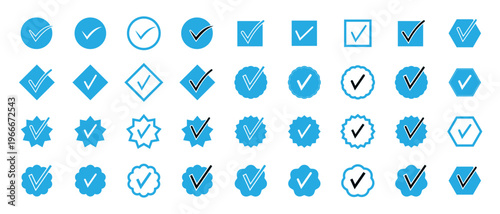 Check mark icon set. Circle and square. Tick symbol in blue color. Check mark vector icon. Checkmark Illustration. Blue check tick mark sign.  Correct vote choice symbol. vector illustration.