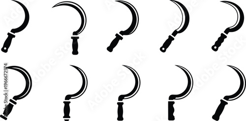 Collection of stylized sickle icons with black handles on a white background with hand tool with food producti