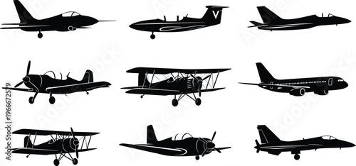 Collection, of, airplane, silhouettes, including, fighter, jets, biplanes, propeller, aircraft, and, passenger, planes, isolated, on, white, background, aviation, transport, vector.