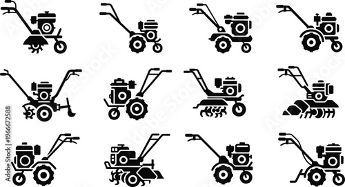 Set of twelve stylized walking tractor and tiller icons in black with power tiller with lawn care