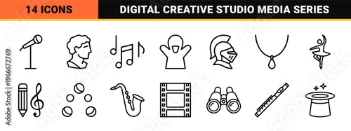 Art and Entertainment Minimalist Monoline Grid Set, Geometric Line Art Outline Symbols for Creative Media and Performance Industry