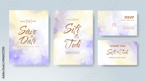 Set of Wedding invitation with abstract splash watercolor