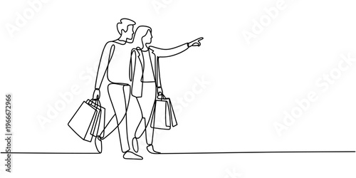 One single line drawing young happy romantic couple walking and shopping together while holding paper bags at mall. Commercial retail shopping concept. Continuous line draw design illustration