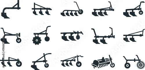 Collection of fifteen stylized plow and agricultural implement icons with tractor attachment with black and wh