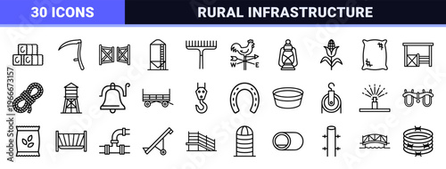 Minimalist monoline agricultural infrastructure and farm building line art featuring geometric barn silhouettes and rural equipment.