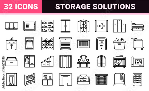 Storage Furniture and Cabinetry Concept Graphic: Minimalist Monoline Geometric Outlines for Interior Design and Home Organization.