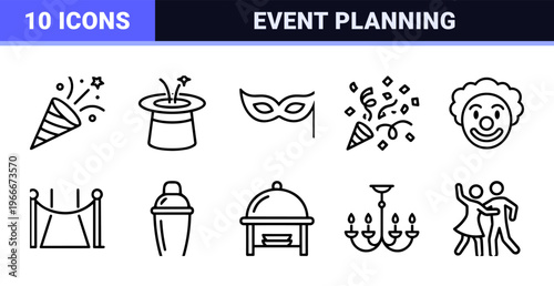 Celebration and Event Planning Outline Graphics featuring Minimalist Monoline Symbols for Modern Occasions and Party Management Utility
