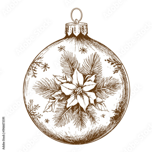Hand-drawn vintage Christmas bauble featuring a poinsettia flower and pine needles, perfect for holiday adobe stock designs