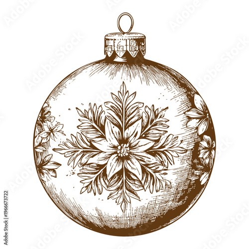 Exquisite hand-drawn Christmas ornament illustration, a festive bauble with intricate vintage patterns, perfect for holiday designs and seasonal decor on adobe stock